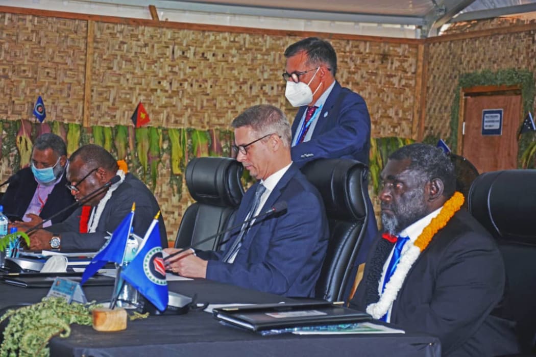 (seated L to R without masks)Papua New Guinea PM, James Marape, acting United Nations Resident Coordinator, Dirk Wagener and Bougainville President, Ishmael Toroama during July’s JSB meeting in Wabag, Enga.