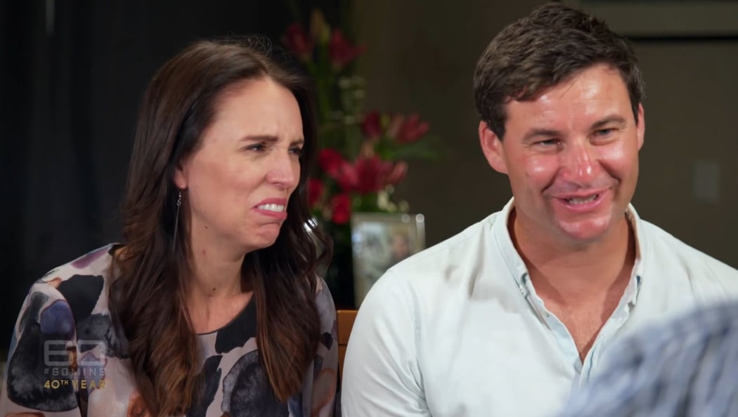 Jacinda Ardern reacts when Charles Wooley asks when her baby was conceived.