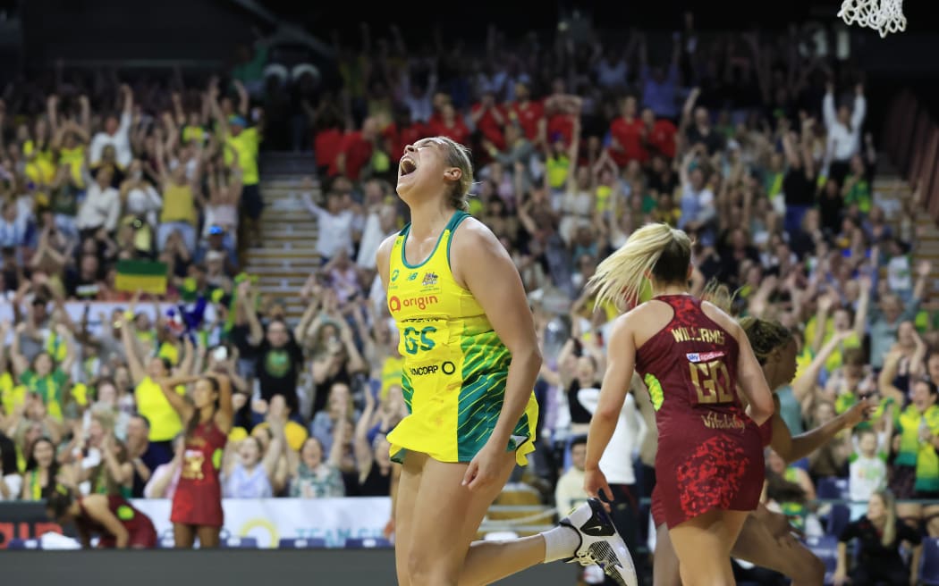 NEWCASTLE, AUSTRALIA - OCTOBER 26: Donnell Wallam of Australia celebrates scoring the winning goal during game one of the International Test series between the Australia Diamonds and England Roses at Newcastle Entertainment Centre on October 26, 2022 in Newcastle, Australia. (Photo by Mark Evans/Getty Images)