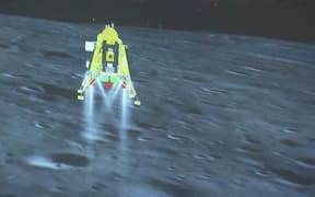 This handout screen grab taken and received from the live feed of Indian Space Research Organisation (ISRO) website on August 23, 2023, shows the Chandrayaan-3 spacecraft seconds before its successful lunar landing on the south pole of the Moon.