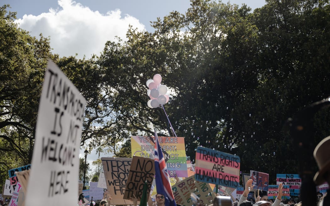 Placards at the rally in Auckland opposing Posie Parker