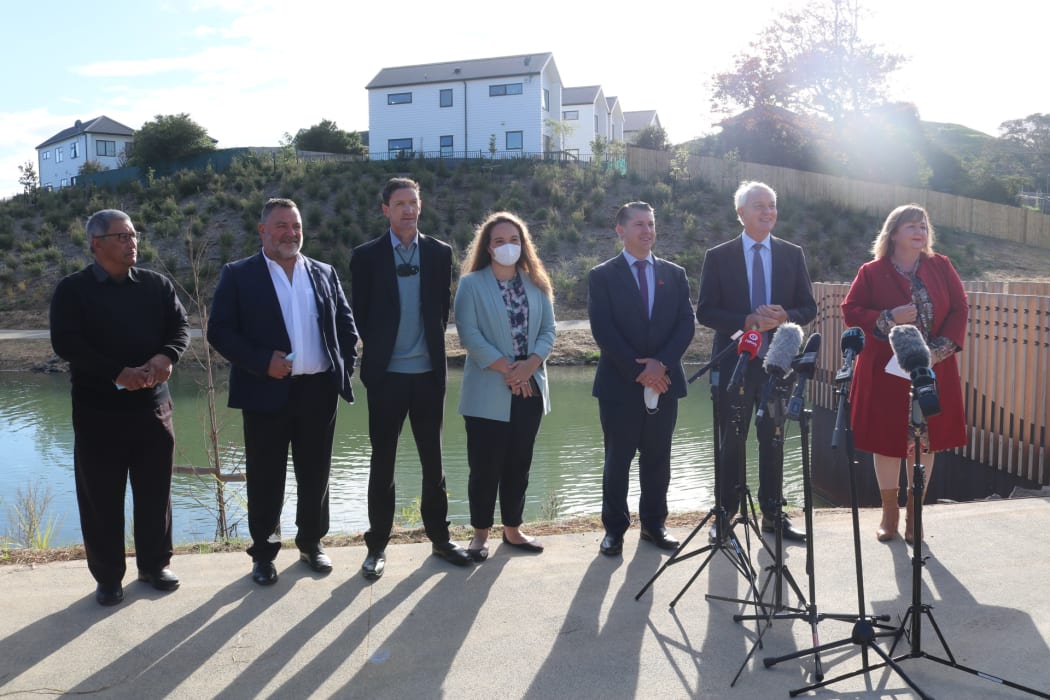 Mt Roskill MP Michael Wood, Auckland mayor Phil Goff and Housing Minister Megan Woods at the announcement of $1.4bn in funding to boost Auckland housing.