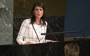 US Ambassador to the United Nations Nikki Haley speaking at the UN.