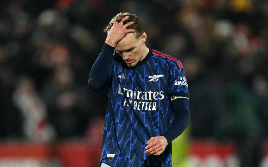 Arsenal's Norwegian midfielder Martin Odegaard reacts after their English Premier League draw with Brentford. 2026.