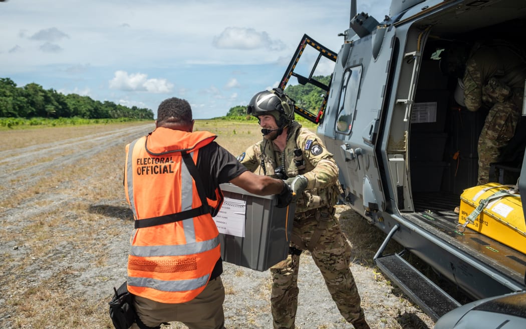 Airforce NH90's assist in delivering Ballot boxes to the outer islands before the upcoming solomon island elections.