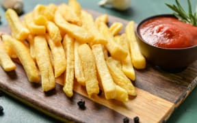 Wooden board with tasty french fries and ketchup on table, closeup