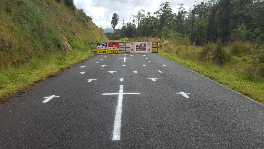 The makeshift checkpoint set up on the road to Pike River Mine by some of the families of the 29 men who died.