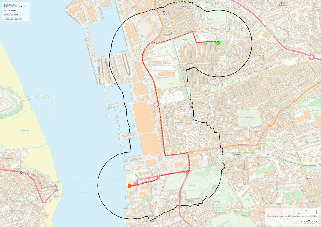 Map of the the convoy route and cordon in UK's Plymouth city to move out an unexploded World War II bomb.