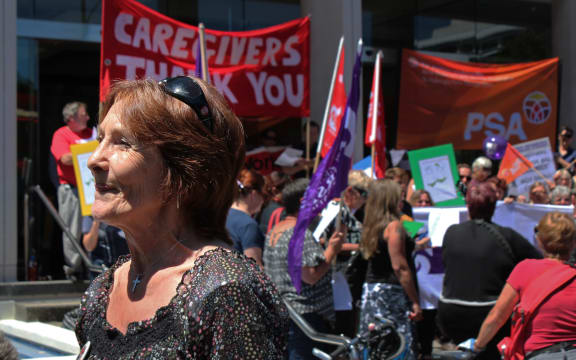 Kristine Bartlett at a pay equity protest outside the Court of Appeal