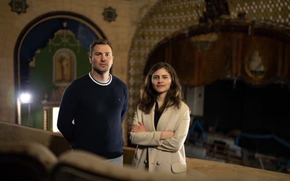 The owner of St James Theatre Steve Bielby and Auckland Central MP Chlöe Swarbrick who is supporting the fight to try and get the theatre restored.
