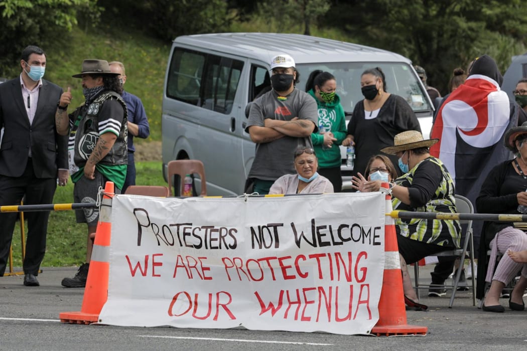 Mana whenua prevent protesters from occupying Wainuiōmata Marae in Lower Hutt on 4 March, 2022.