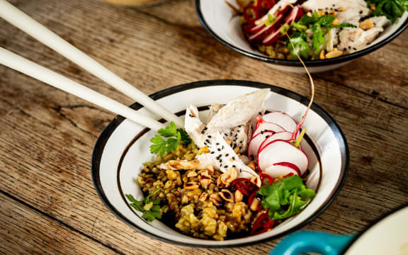 Fragrant brown rice 'porridge' with chilli, lime and rotisserie chicken