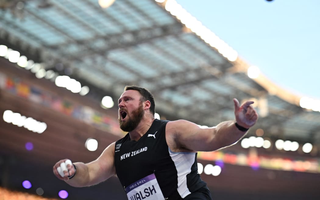 New Zealand's Tom Walsh competes in the men's shot put qualification of the athletics event at the Paris 2024 Olympic Games at Stade de France in Saint-Denis, north of Paris, on August 2, 2024. (Photo by Ben STANSALL / AFP)