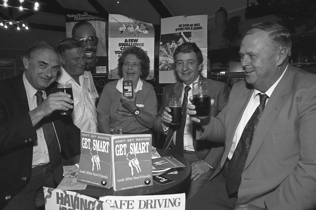 Barry Keys, left, shares a drink with fellow Wairarapa mayors Bob Francis of Masterton, second right, and South Wairarapa's John Garrity, right.