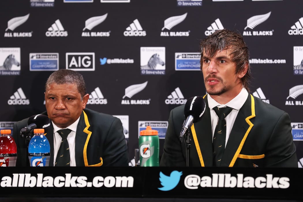 South African head coach Allister Coetzee and player Eben Etzebeth talk to media after the Rugby Championship test match rugby union.