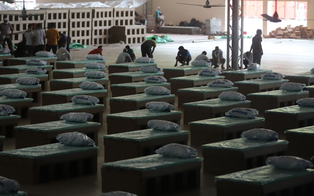 The campus hall of Radha Soami Satsang Beas (RSSB), a spiritual non-profit organisation, converted into a 10,000-bed Covid-19 field hospital as seen in New Delhi on 26 June 2020.