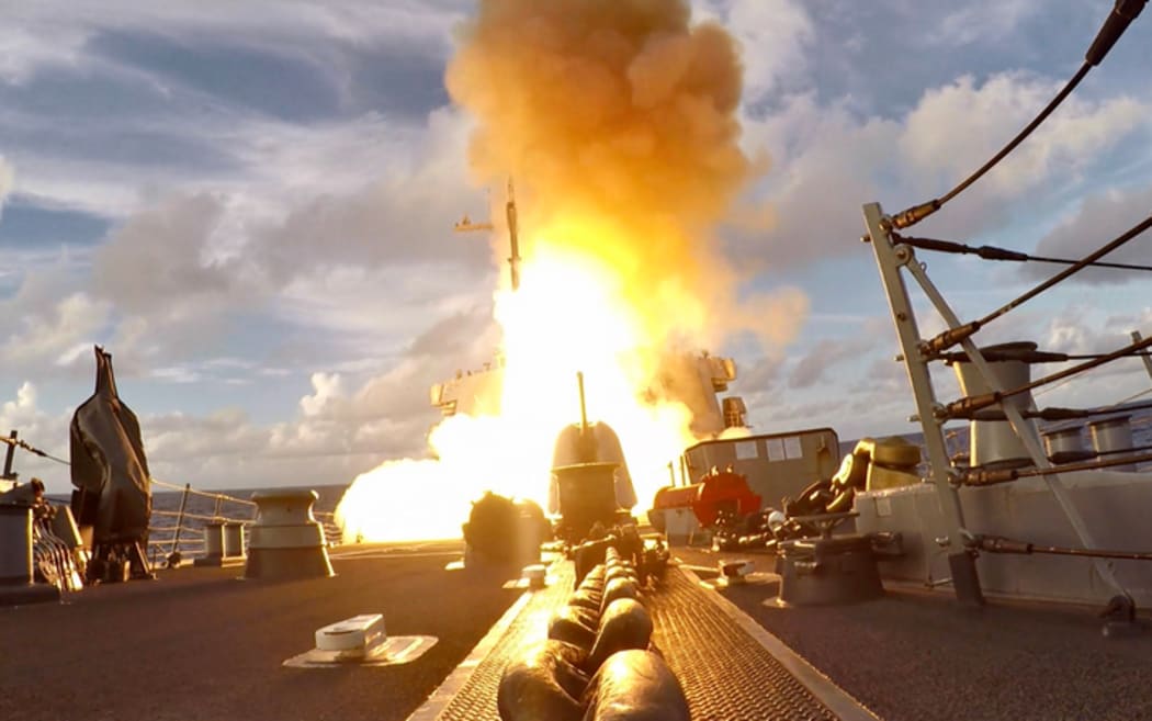 ‘A US destroyer fires a missile during Valiant Shield 2022. Source US Navy’