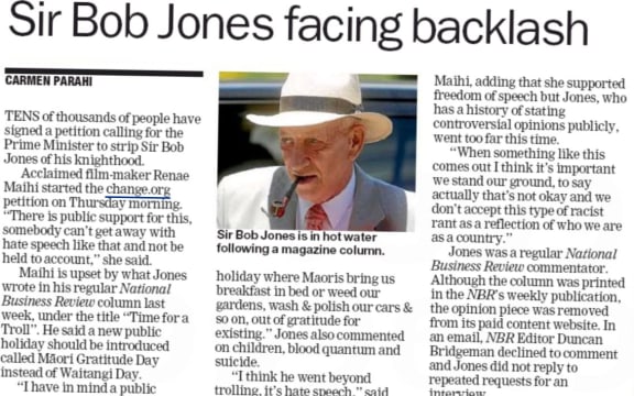 One of many stories about the controversy stirred up by Sir Robert's reflection on Waitangi Day.