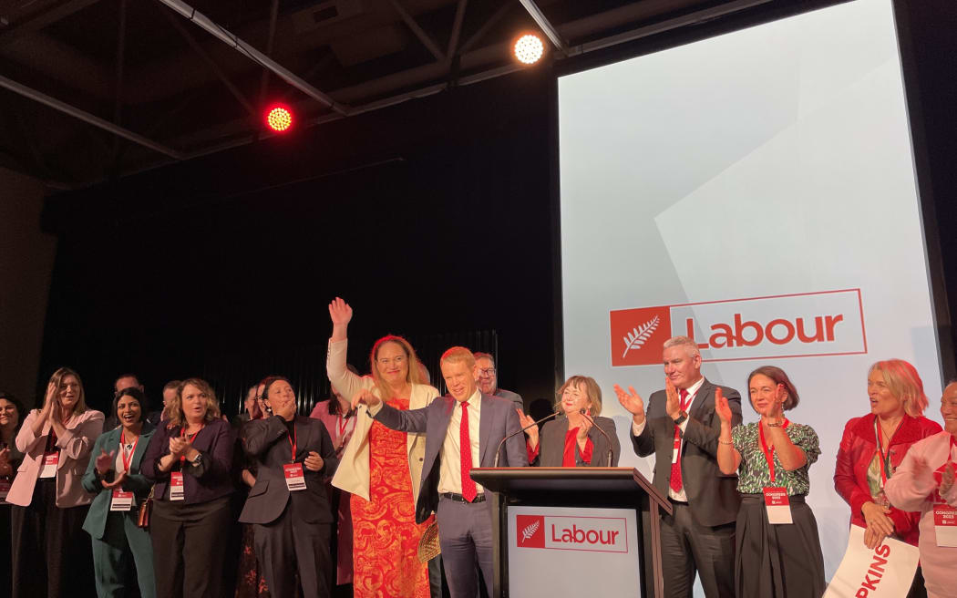 Prime Minister Chris Hipkins with members of the Cabinet and others at the Labor congress Sunday, 28 May 2023.