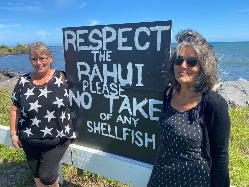 Pākehā Lynley Johnson (left) hand-painted a sign for the Rāhui at Bayly Road and hands out brochures with Katerina Finnigan.