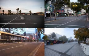 Empty streets across New Zealand (clockwise, from top left) in Auckland, Wellington, Christchurch and Dunedin.