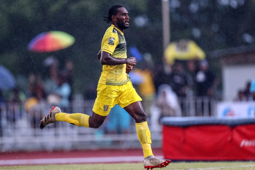 Erakor Golden Star's Tony Kaltack celebrates his goal right on half time.