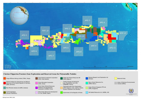 The International Seabed Authority is responsible for regulating activity in the Clarion-Clipperton Zone, which has been divvied up between different countries for the purposes of potential deep-sea mining. (Image: International Seabed Authority)