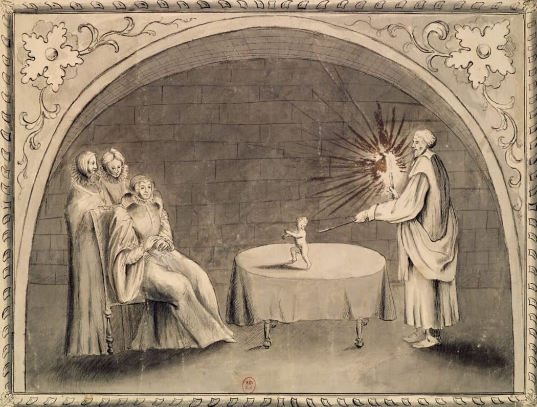 Michel de Nostradame (1503-66) and Catherine de Medici (1519-89), wife of Henry II (1519-59) King of France. 1559 (pen & ink and wash on paper) by French School, (16th century); Bibliotheque Nationale, Paris, France;