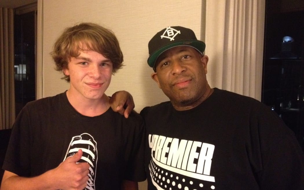 DJ Sir-Vere’s son Ethan with DJ Premier in Auckland.