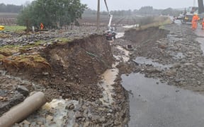 Crews working on damage west of the Waihopai Bridge near Renwick, Marlborough.