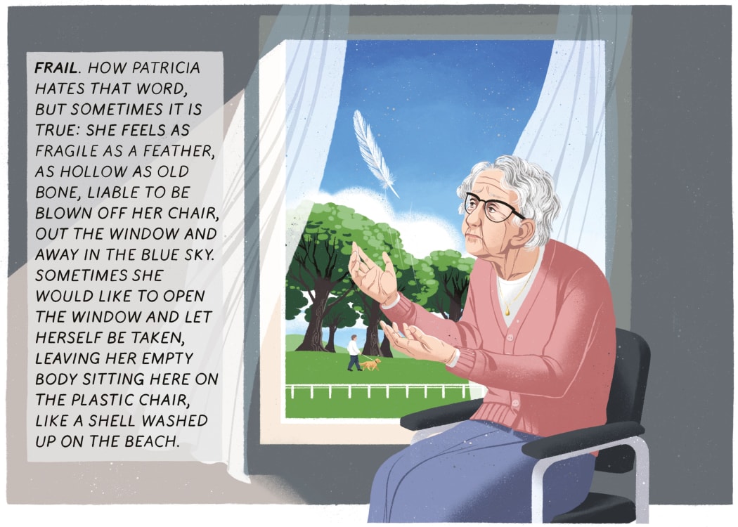 “Patricia is 79 and sits on a plastic chair and looks out the window.”