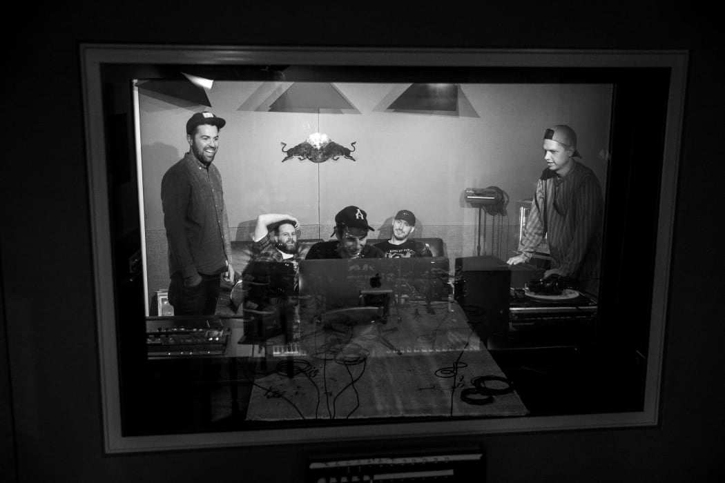 (l-r) Julien Dyne, Dandruff Dicky, Ben Lawson, Tom Scott, Christoph El Truento, Red Bull Studio in Auckland on March 10, 2017