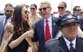 WHANGANUI, NEW ZEALAND - JANUARY 24: New Zealand Prime Minister Jacinda Ardern and Incoming Labour leader and Prime Minister, Chris Hipkins, arrive during RÄtana Celebrations on January 24, 2023 in Whanganui, New Zealand. The 2023 RÄtana Celebrations mark the last day as Prime Minister for Jacinda Ardern following her resignation on January 19. Labour MP Chris Hipkins became the sole nominee for her replacement and will be sworn in as the new Prime Minister at a ceremony on January 25.  (Photo by Hagen Hopkins/Getty Images)