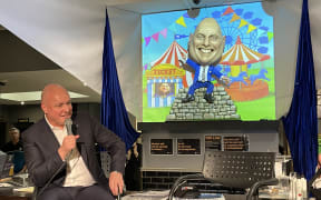 National Party leader Christopher Luxon with his new puppet at Backbencher Gastropub in Wellington.
