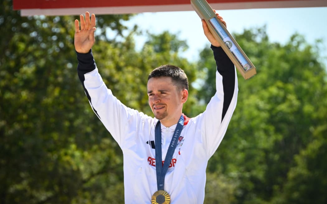 Tom Pidcock ( GBR ) Gold medal, Cycling Mountain Bike, Men's Cross-country during the Olympic Games Paris 2024 on 29 July 2024 at Elancourt Hill in Elancourt, France - Photo Federico Pestellini / Panoramic / DPPI Media (Photo by Federico Pestellini / Panoramic / DPPI via AFP)