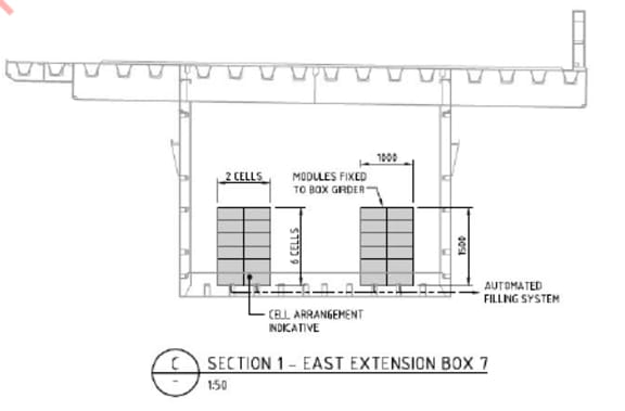 A plan showing how it was recommended to install plastic tanks under the bridge, filled whenever there was a walk, with the liquid sloshing about acting to dampen the vibrations. Source: NZTA report 2010