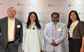 Will Zhang, founder of EmoEx AI entrepreneur; Ranjna Patel (Business Hall of Fame 2024); Jonathan Manuel, CEO, New Zealand Airline Academy, Chair ASEAN Business Council Kathleen Morrison at the inaugural ethnic business symposium in Auckland 11 Oct 2024.