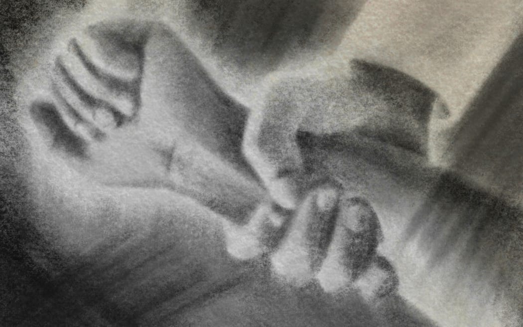 Charcoal sketch of hand grabbing an arm forcefully