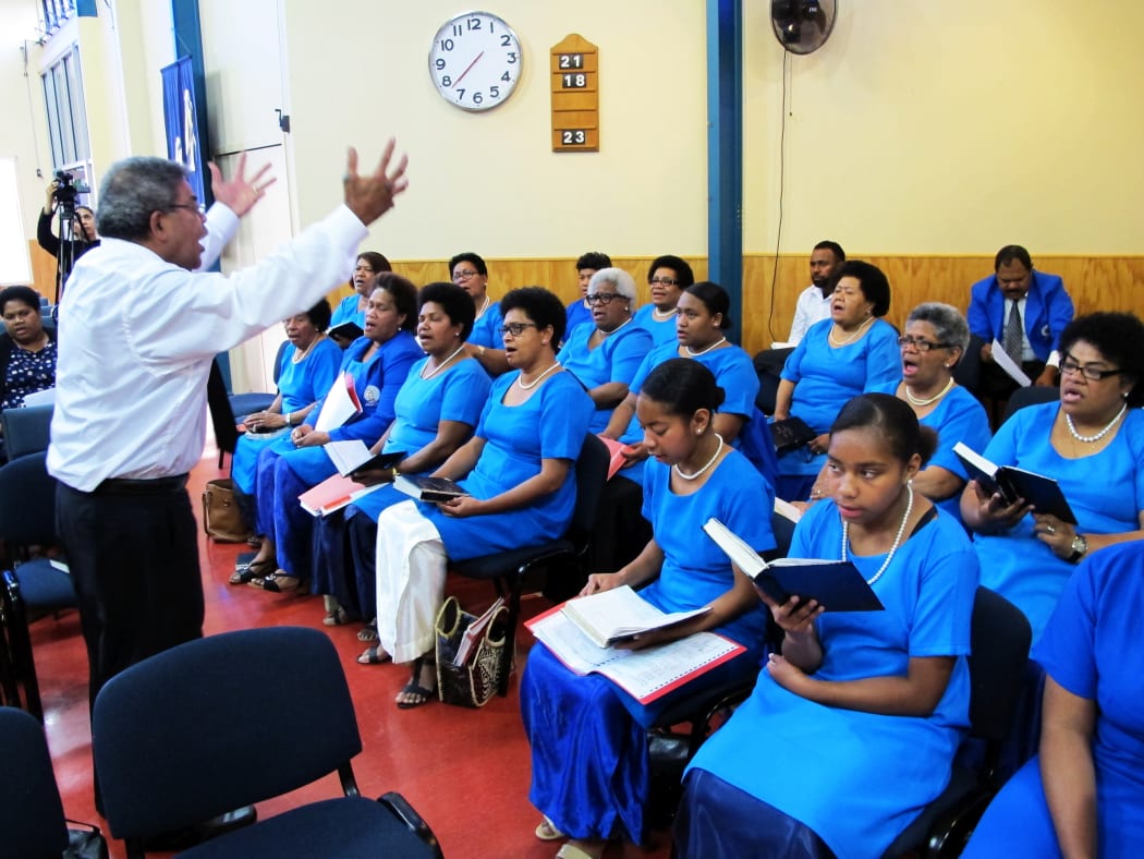 The choir of Meadowlands Fiji Methodist Church in Auckland, conducted by Music Director Mataiasi Dralimaki.