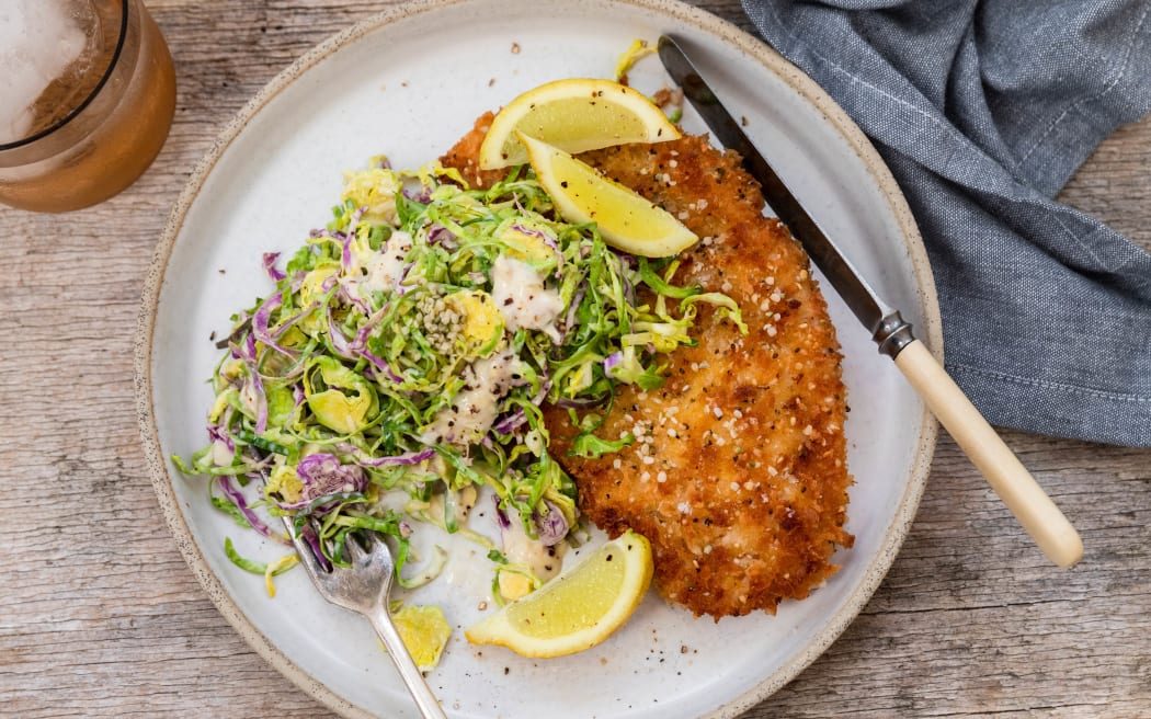 Seeded Schnitzel and Brussel Sprout Caesar Salad