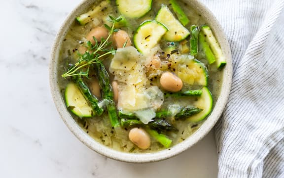 Late spring vegetable and white bean soup by Kelly Gibney.
