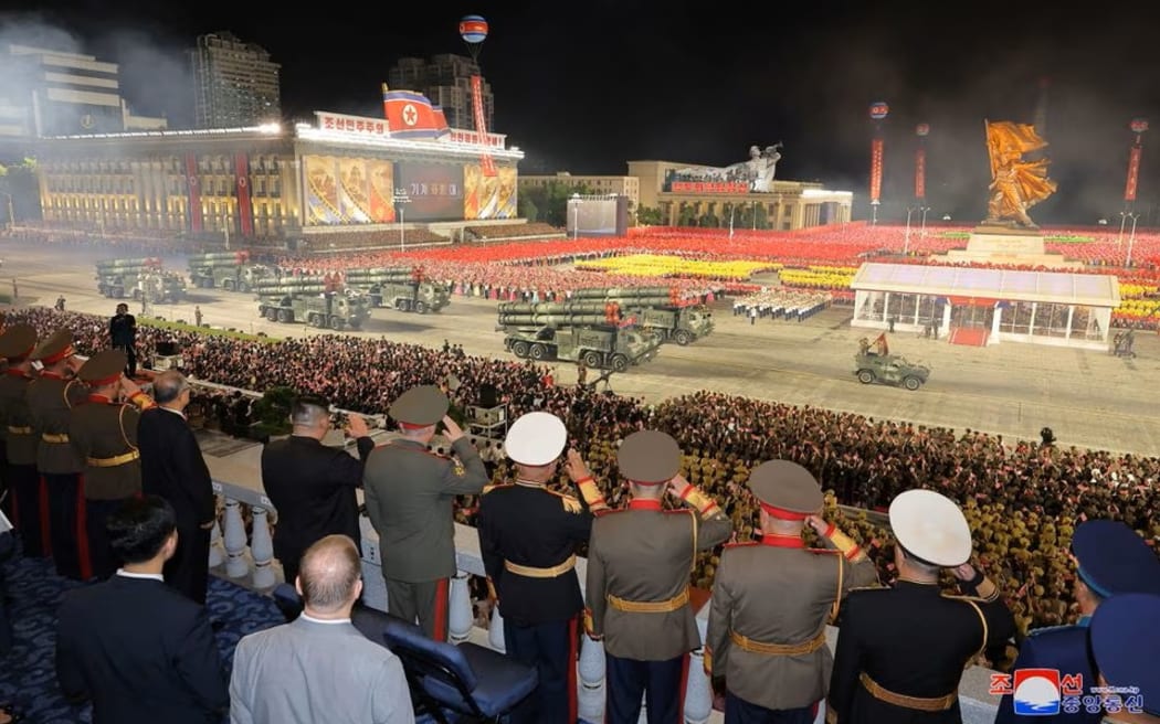 North Korean leader Kim Jong Un, Chinese Communist Party politburo member Li Hongzhong and Russia's Defense Minister Sergei Shoigu were among dignitaries at a military parade to commemorate the 70th anniversary of the Korean War armistice in Pyongyang, North Korea. 27 July, 2023.
