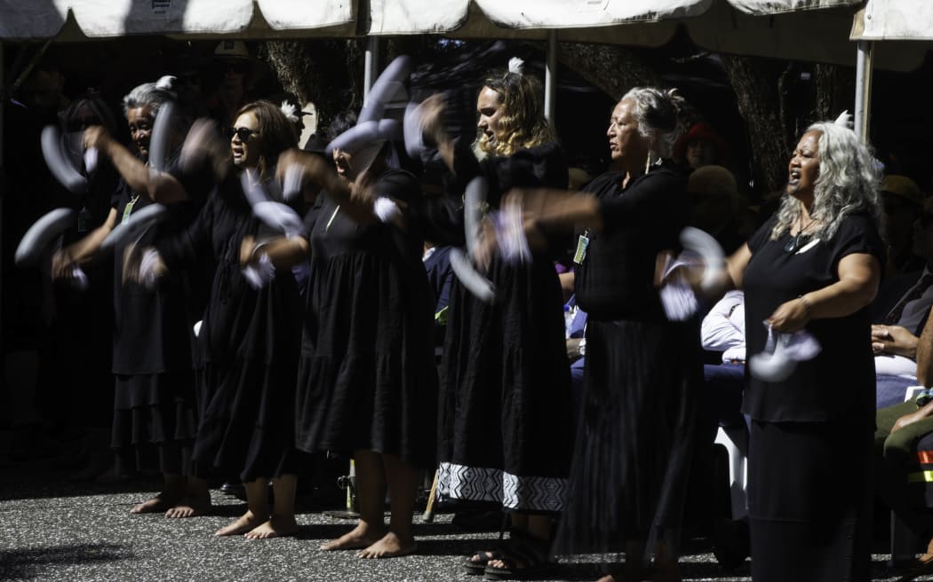 A delegation including representatives from Kīngitanga, Rātana, Parihaka and Te Pāti Māori is welcomed on to Te Whare Rūnanga at the Treaty grounds, on 4 February, 2024.