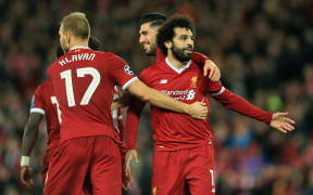 Mohamed Salah of Liverpool celebrates after scoring.