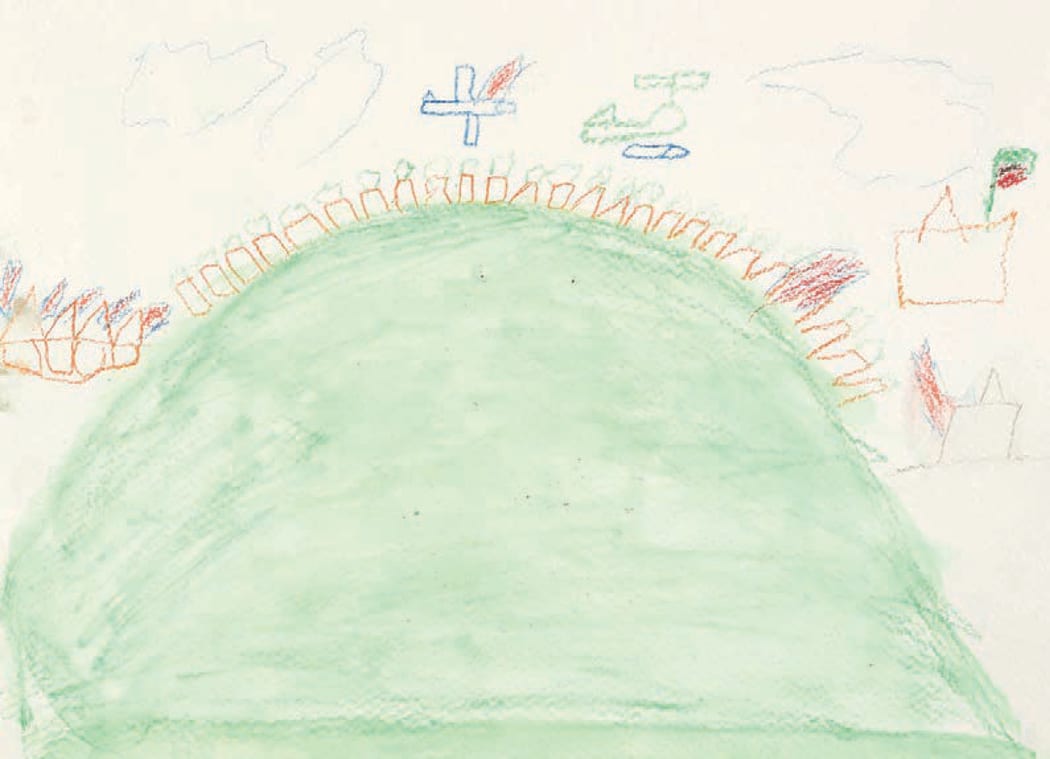 ‘I heard the bomb so I took my rabbit, and my brother took me to hide in the toilet.’ Drawn at Hampden Park Public School,Sydney, Australia
