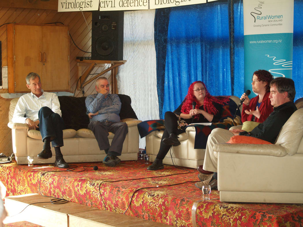 University of Auckland microbiologist Siouxsie Wiles (middle) chairs a panel discussion with virologist Lance Jennings, emergency planner John Titmus, science fiction author Karen Healey and David Johnston, at Massey University.