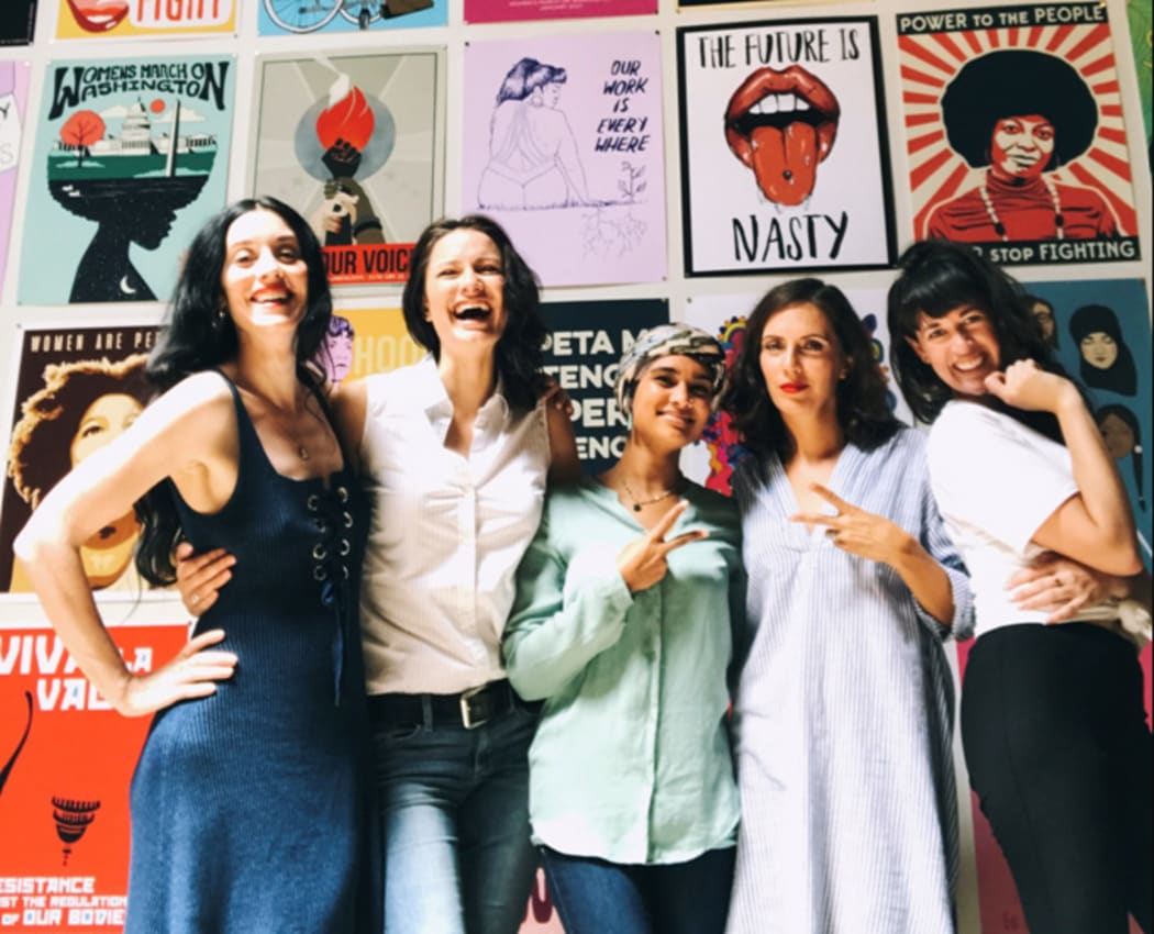 Cleo Barnett (far right) at a Los Angeles Women's March event in August with some of the organisers of the Women's March and Amplifier staff (L-R): Sarah Sophie Flicker, Tamara Power-Drutis, Ala' Khan and Paola Mendoza.