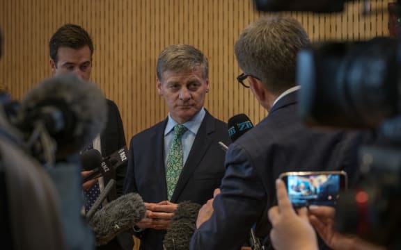 Prime Minister Bill English during a stand-up with media, after a walk through a drug rehabilitation centre in Te Atatu today.