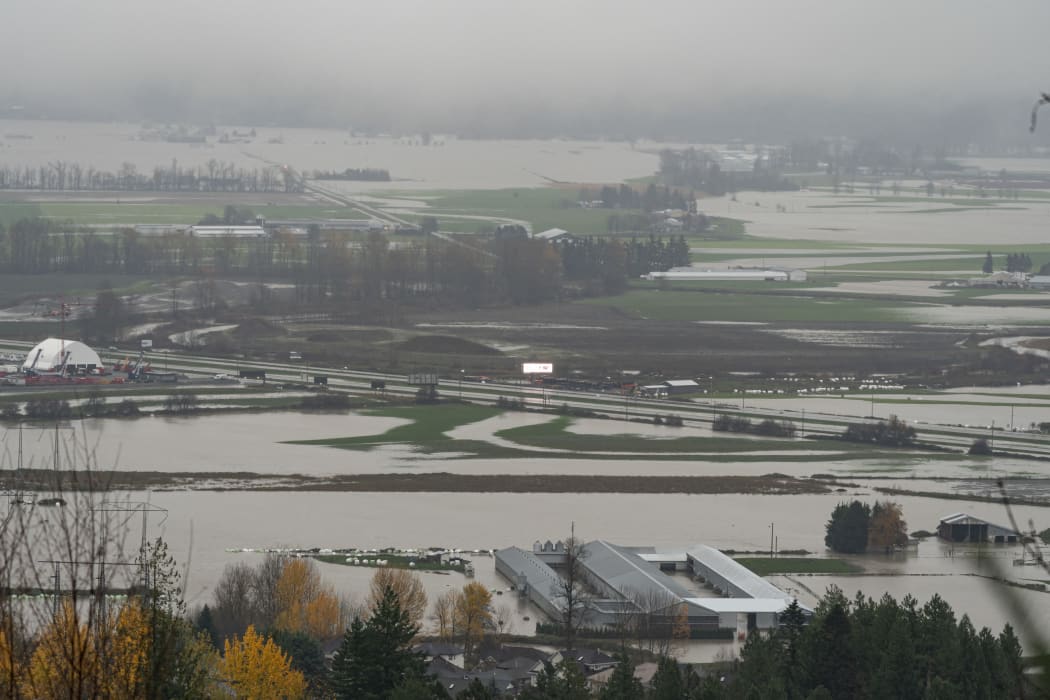 Flood water fills the Sumas area on November 18, 2021 in Abbotsford, Canada. Record rainfall this week has resulted in widespread flooding forcing residents to be evacuated from the area.
