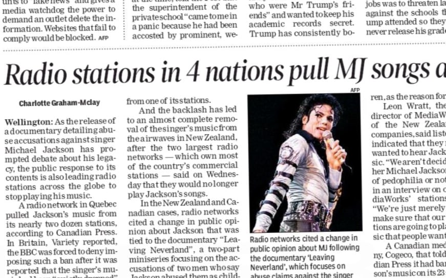 The Times of India reports New Zealand radio becoming Michael Jackson-free.